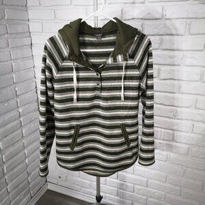 Eddie Bauer Ladies Size Medium Army Green/Off White Striped Fleece Lined Hoodie